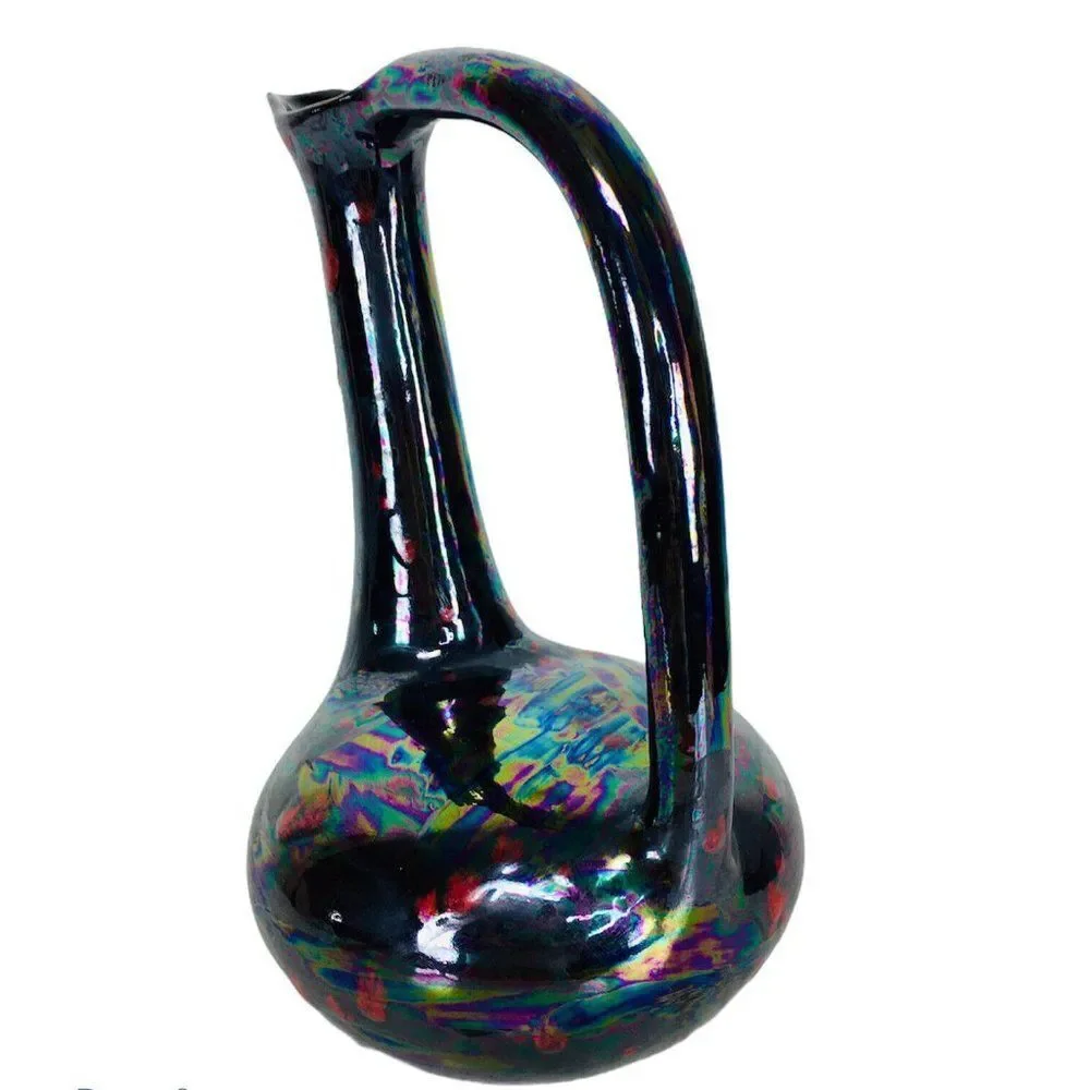 Vintage Black Iridescent Glazed Oil slick Petrol Gothic Bird Ewer Pitcher Vase